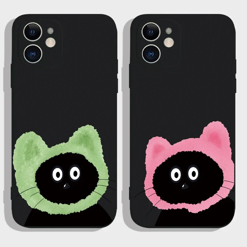Cute Cartoon Black Cat Couple Phone Case For iPhone 16 15 11 12 14 13 Pro Max Mini XS XR 8 Plus SE Kawaii Animal Cellphone Cover