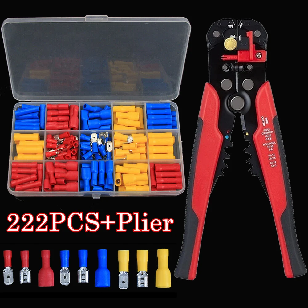 

222PCS Assorted Female Male Crimp Spade Terminal Insulated Electrical Wire Connector Kit with 1PC Cutting Plier