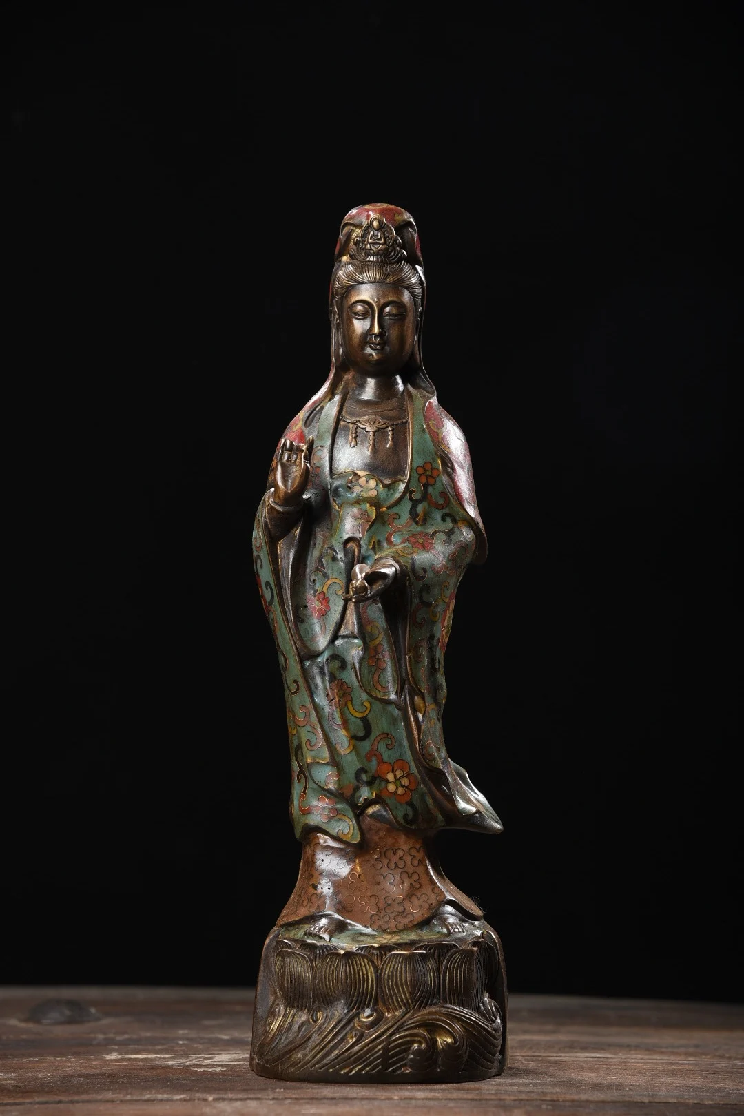 

16" Chinese Folk Collection Old Bronze Cloisonne clean bottle Guanyin Bodhisattva lotus platform Standing Buddha Town house