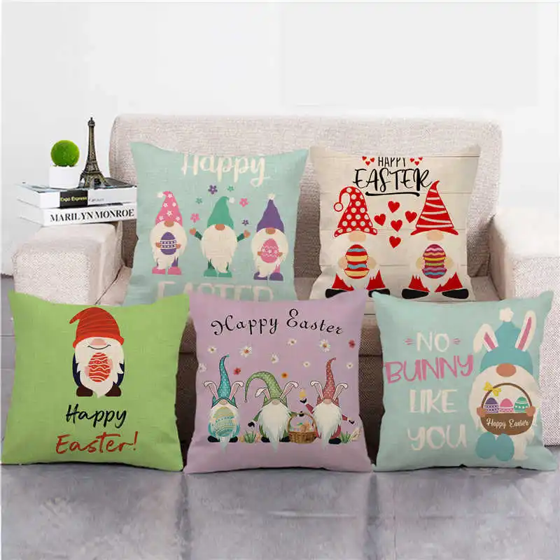 

Easter Cushion Cover Happy Easter Faceless Gnome Bunny Egg Printed Linen Pillowcase for Sofa Car Home Decor Throw Pillow Case