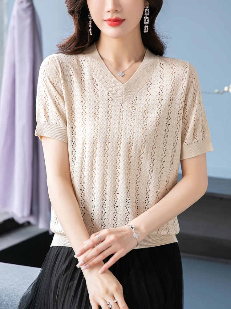 

V Neck Women Sweater Pullovers Summer Clothes For Women Crop Top Casual Knitted T Shirt Short Sleeve Hollow T-Shirts
