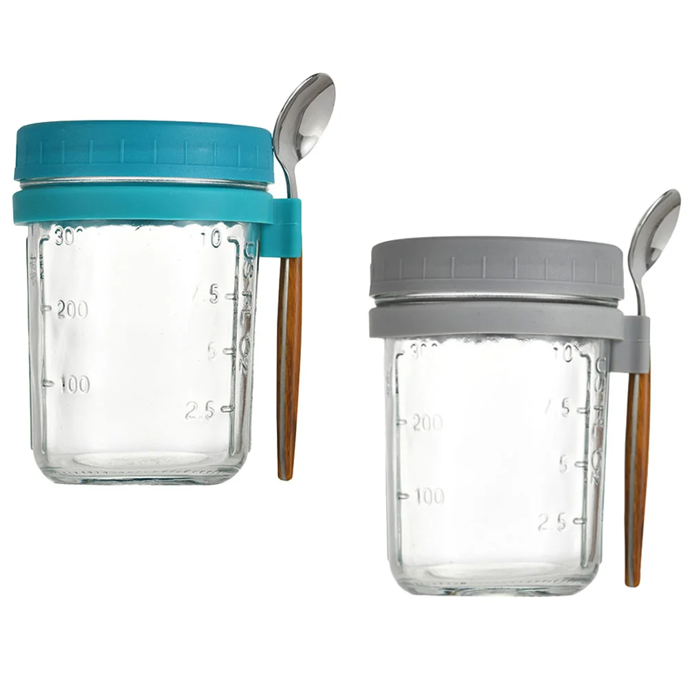 

2 Sets Glass Containers Small Large Mouth Food Cup Portable Breakfast Salad Jar Overnight Oat Jars Lid Oatmeal Airtight Lids