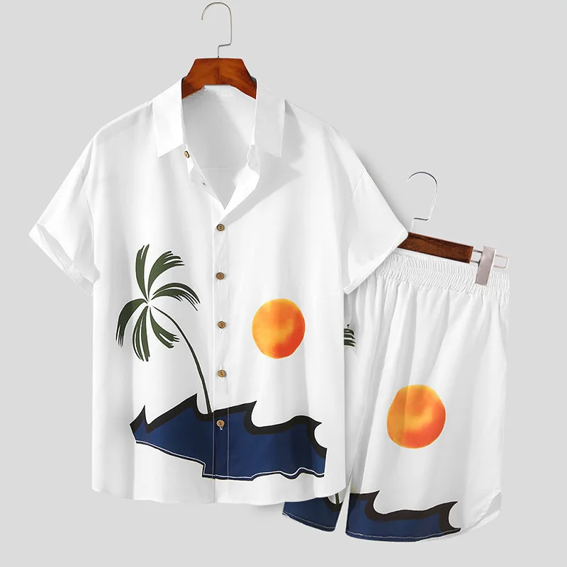 

Мужской пляжный комплект из 2 предметов, белая дышащая рубашка с коротким рукавом и шорты с принтом в уличном стиле, повседневный Гавайский костюм, лето 2022