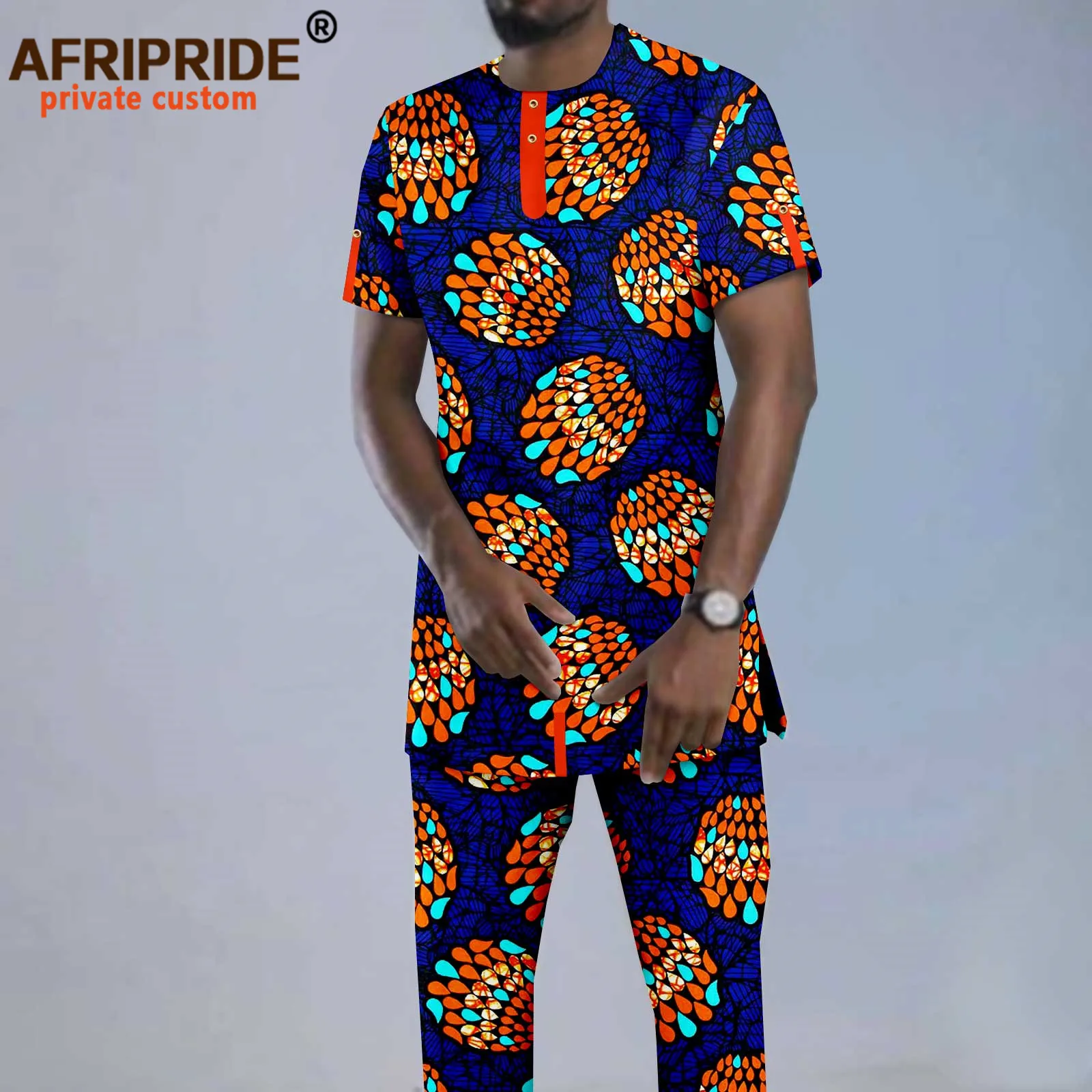 African Clothes for Men Short Sleeve Print Shirts and Pants 2 Piece Set Tracksuit Blouse Dashiki Outfits Plus Size A2216001