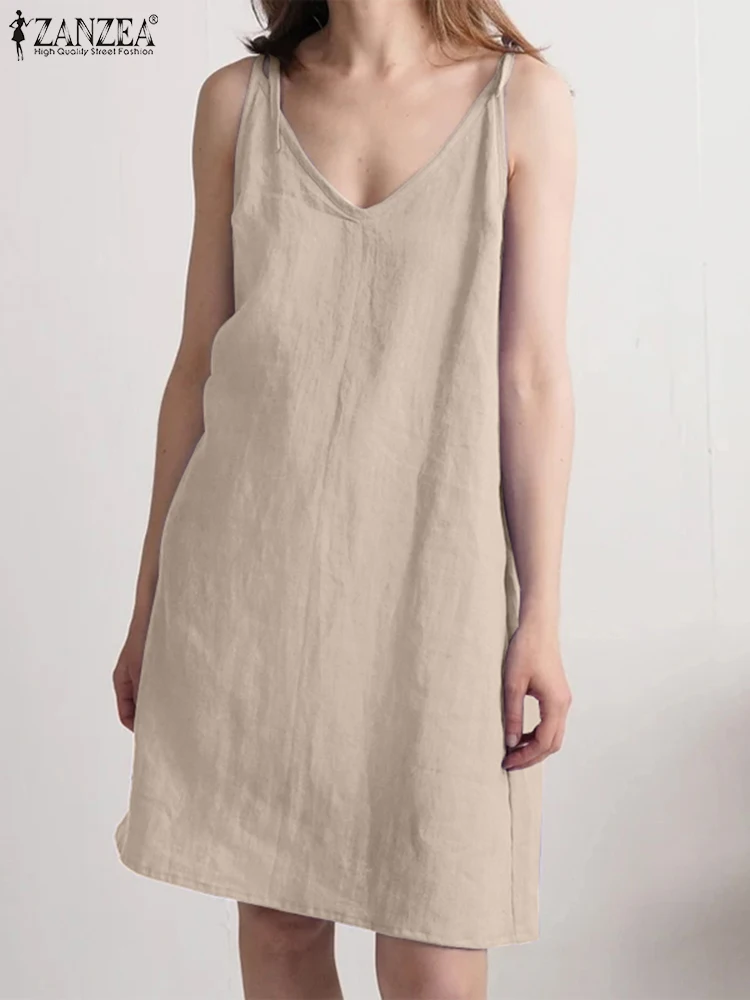 

Модное платье ZANZEA без рукавов 2023, женское однотонное свободное платье-комбинация, летний Повседневный праздничный сарафан на бретелях, женское Хлопковое платье миди