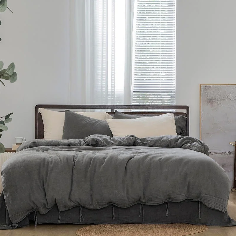 

100%Washed Cotton Soft Breathable Duvet Queen King Solid Grey Bedding with rope 4Pcs 1Duvet Cover +1Bedsheet+2Pillowcases