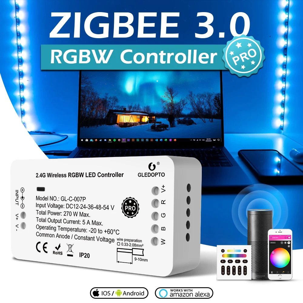 

GLEDOPTO Zigbee 3.0 Smart Light Pro RGBW LED Strip Controller Compatible with Hub Bridge Mobile Phone App Remote Voice Control