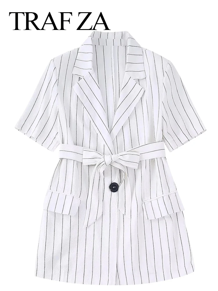 

TRAF ZA Elegant Simple Slim Belted Short Sleeves One Button Women's Blazer Fashion Straight Stripe Print Commuter Lady Blazer