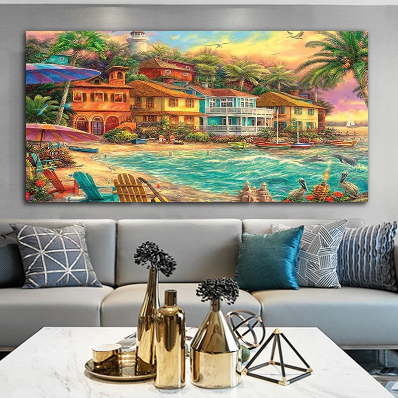 

5D DIY Diamond Painting Kits Beach Town Rhinestone Full Drill Diamond Embroidery Cross Stitch Scenery Living Room Home Decor