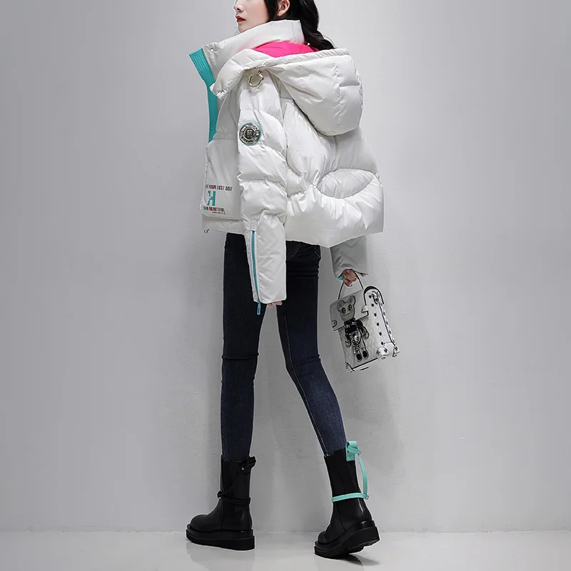 

Europe station Women Glossy Winter Puffer Coats 2023 New Arrivals Short Hooded Warm 90% White Duck Down Thick Jackets