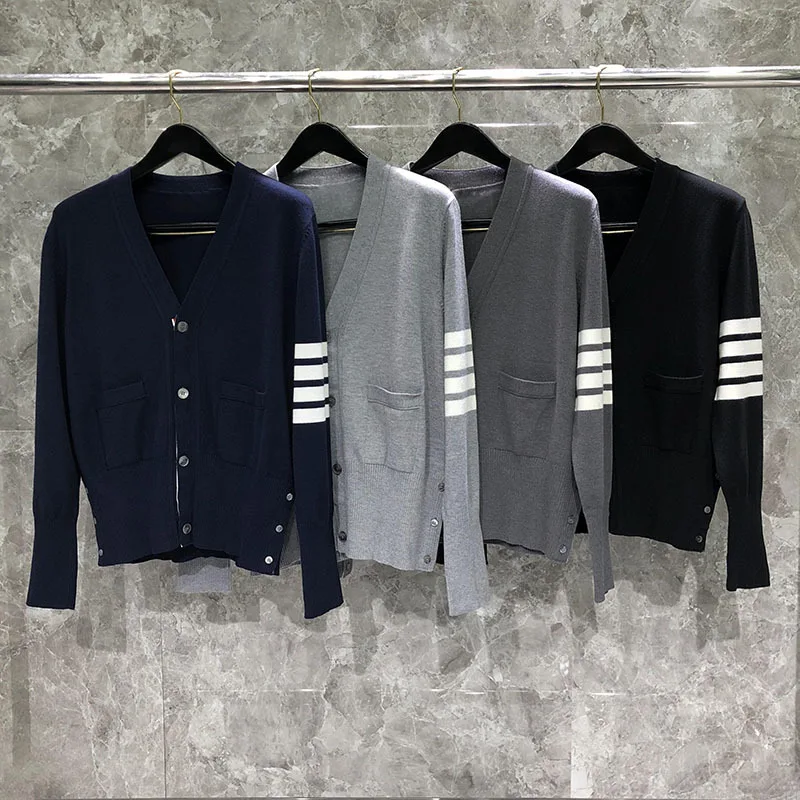 TB THOM Man Cardigan Coat Wool Colors V-neck Classic Stripes Sweater Men's Concise Style Sweaters Women's High Quality Clothes