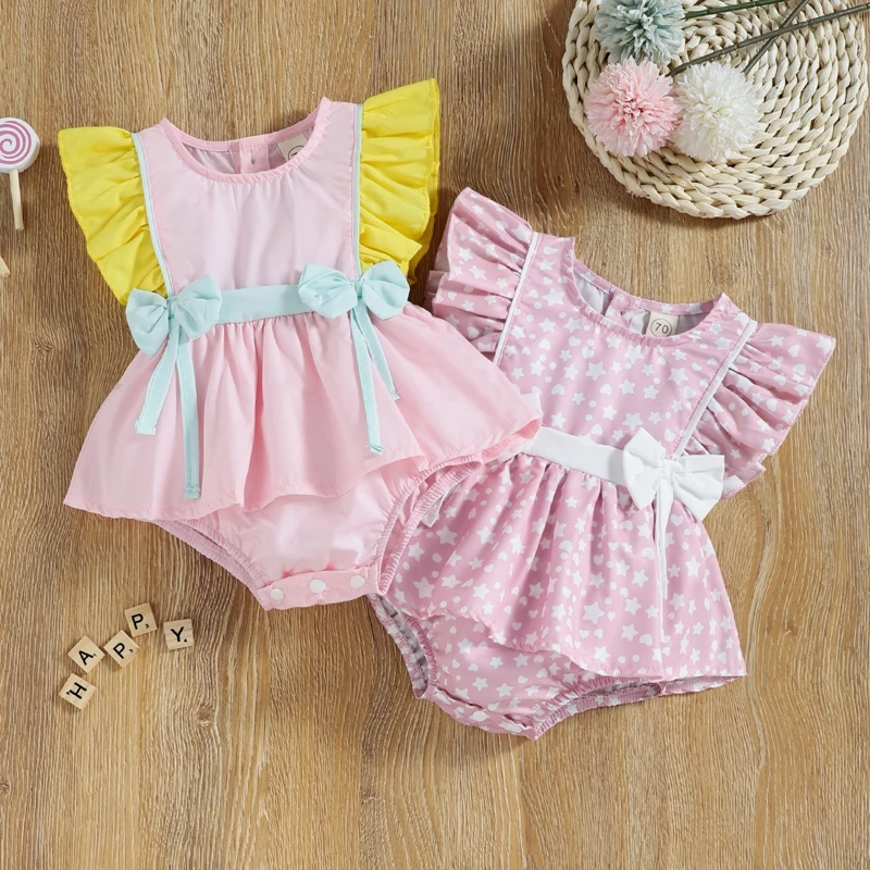 

Summer Baby Girl Romper Newborn Infant Baby Bow Decor Patchwork Pattern Fly Sleeve Round Neck Bodysuits Jumpsuits