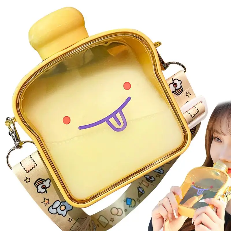 

Creative Water Bottles Toast Water Bottle 380ml Bread Water Bottle Leak-Proof Large Capacity Cute Expression Flat Water Bottles