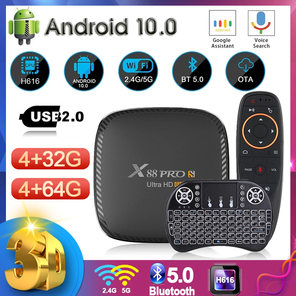 TV Box Android 2022 Android TV Box 10.0 OS 32G 64G Android TV 6K 3D 2.4G+5G Wifi  Smart TV Box Air Mouse Keyboard Controle PC