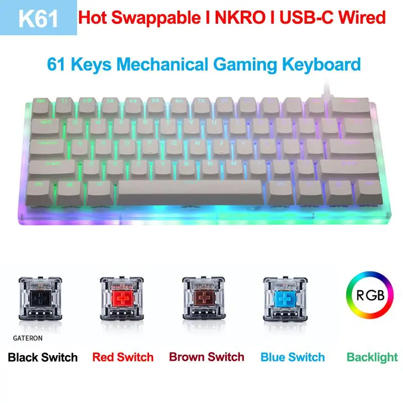 

Gamakay K61 61 Keys Mechanical Gaming Keyboard Tyce-C Wired RGB Backlit keyboard Gateron Switch Crystalline Base Hot Swappable