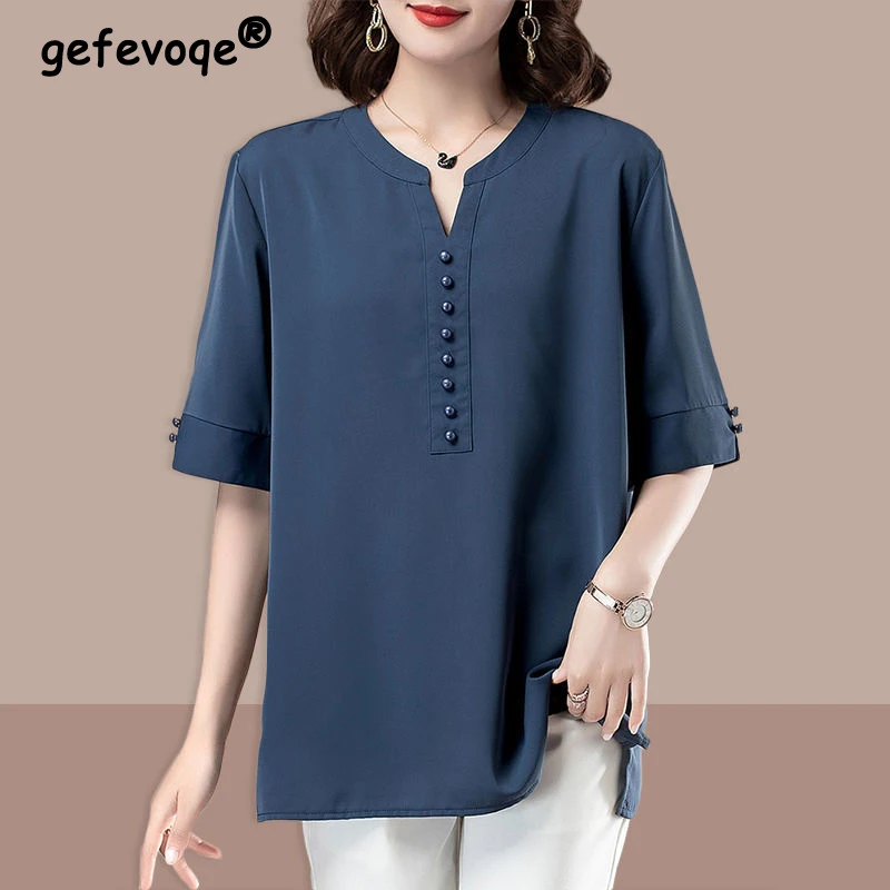 Купи Elegant Solid Color Women Blouse Shirts Soft V-Neck Tops 2022 Summer Fashion Button Casual Oversize Aii-match Tee Shirt Feminina за 988 рублей в магазине AliExpress