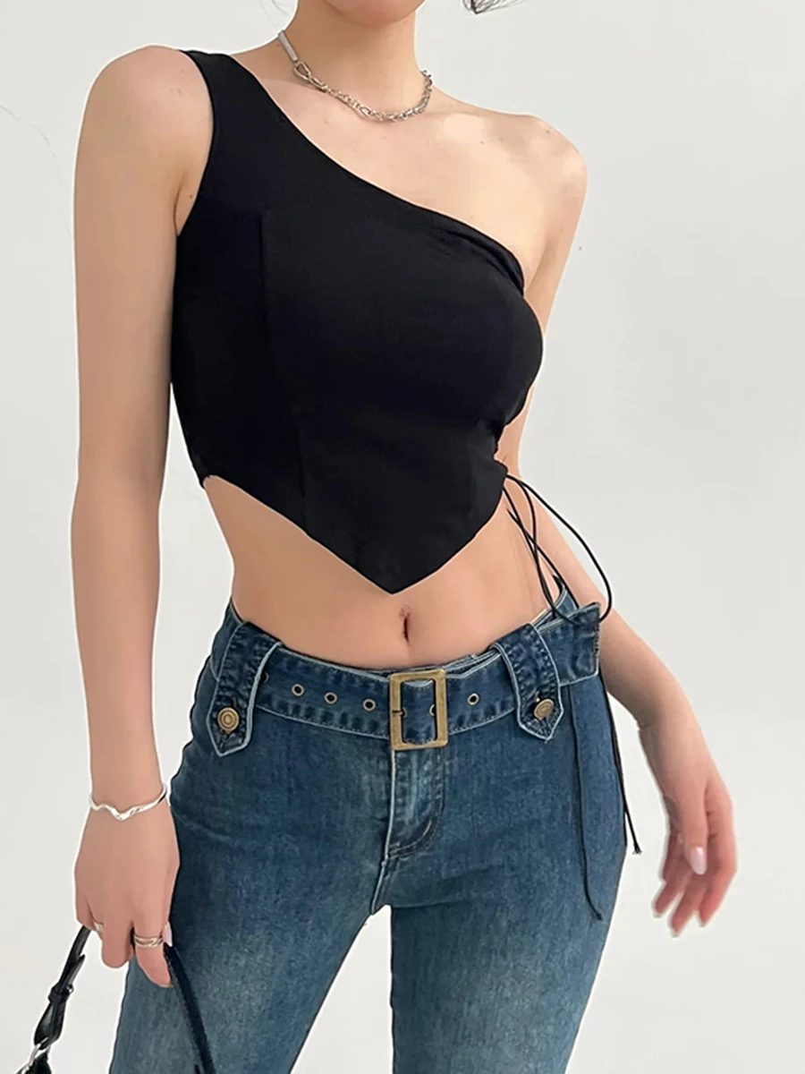 

Women's One Shoulder Tank Tops Sexy Backless Crop Sleeveless Side Cross Tie-up Solid Color Asymmetric Tops