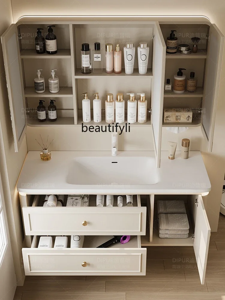 Сливочный шкаф для ванной Corian встроенная керамическая раковина с дубовой дугой