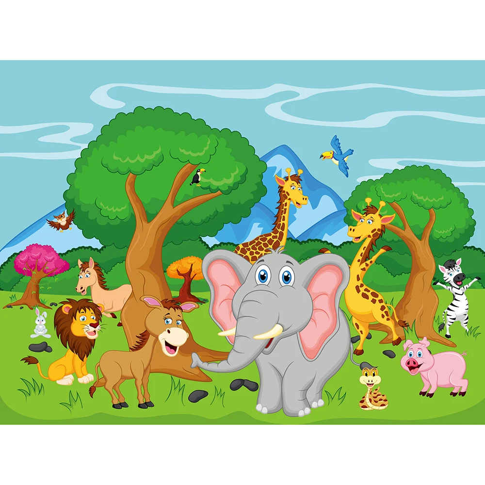 

Customized Jungle Themed Animals Zoo First Birthday Party Banner Backdrop Background Photography Cartoon Forest Baby Shower 1st