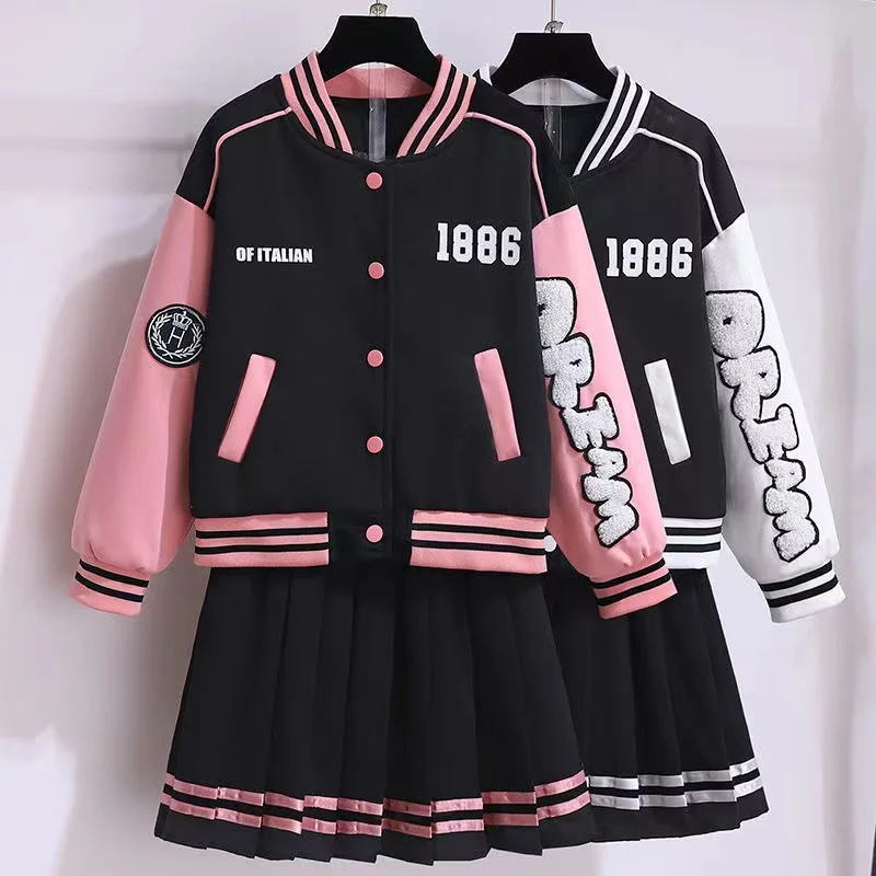 

Teenage Girls Clothing Spring Junior Girl Loungewear Suit Baseball Uniform Jacket Coat Pleated Skirt 2pcs JK Outfits 3-14 Y