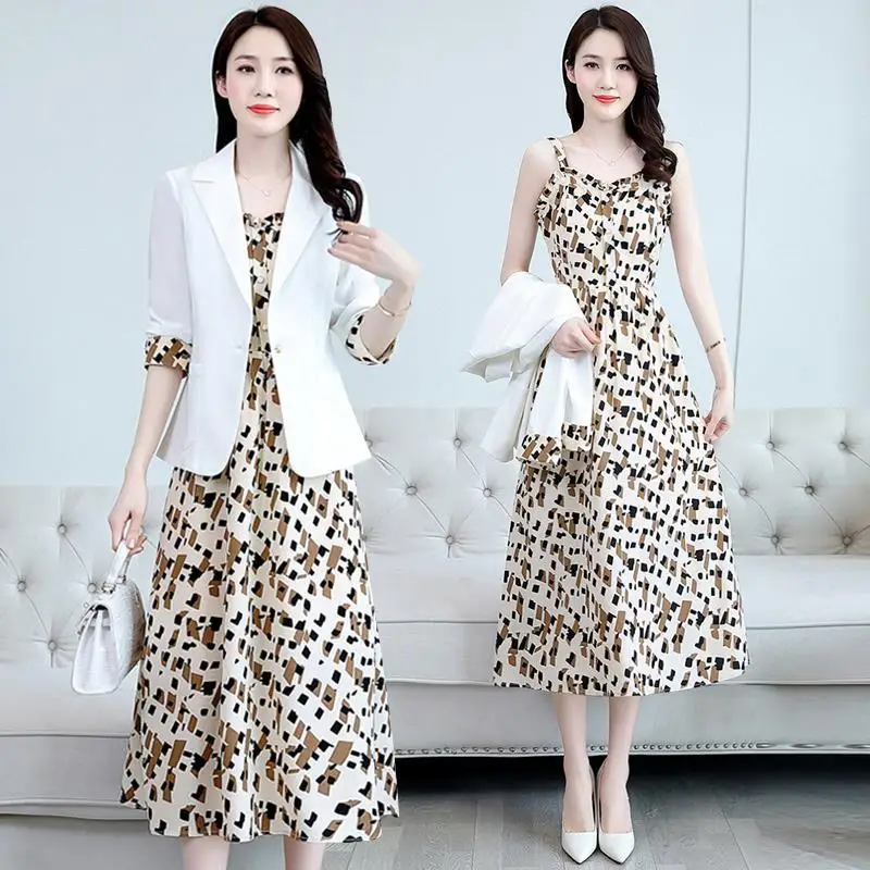Women's Fashion Suit Set 2022 Fall New Casual Blazers Jacket Dress Two Piece Korean Elegant Vintage Floral Sling Midi Skirt Suit