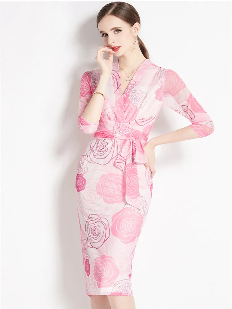 

Новое Сетчатое платье с длинным рукавом, Осеннее стильное платье с принтом роз, милые розовые облегающие платья со шнуровкой и V-образным вырезом