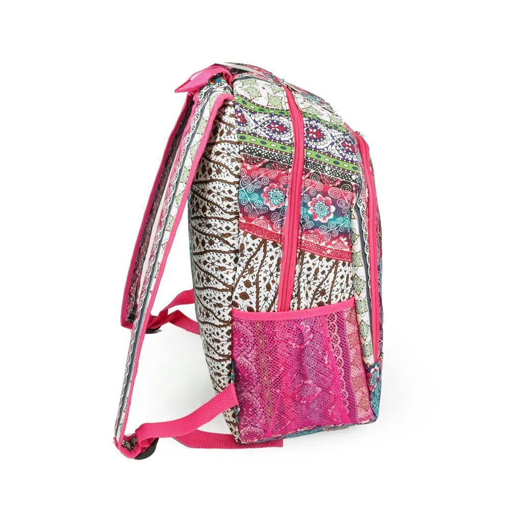 Unisex 16.5 Inch Boho Stripe Quilt Patterned Backpack with Mesh Side Pockets