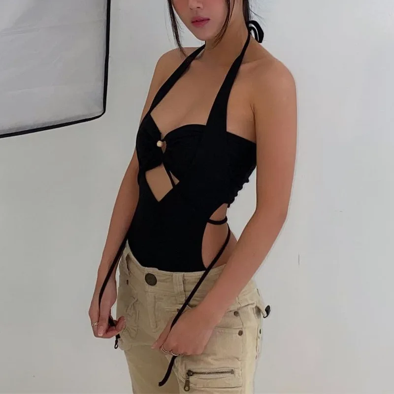 

Летняя женская одежда, короткий комбинезон с открытыми плечами, слитный комбинезон с открытой спиной, комбинезон с лямкой на шее, цельный ко...