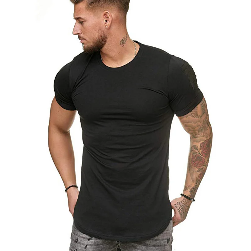 

2021 Spring and Summer New Shoulder Arm Pocket Stitching Slim Men's Sports and Leisure Cotton Short Sleeves