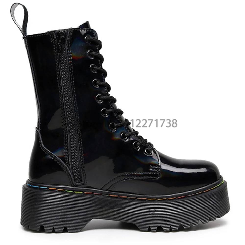 2022 New Mid Calf Boots Women Fashion Lace-up Zipper Botas Mujer Boots Black Reflective Platform Heel Ladies Shoes Gothic Punk