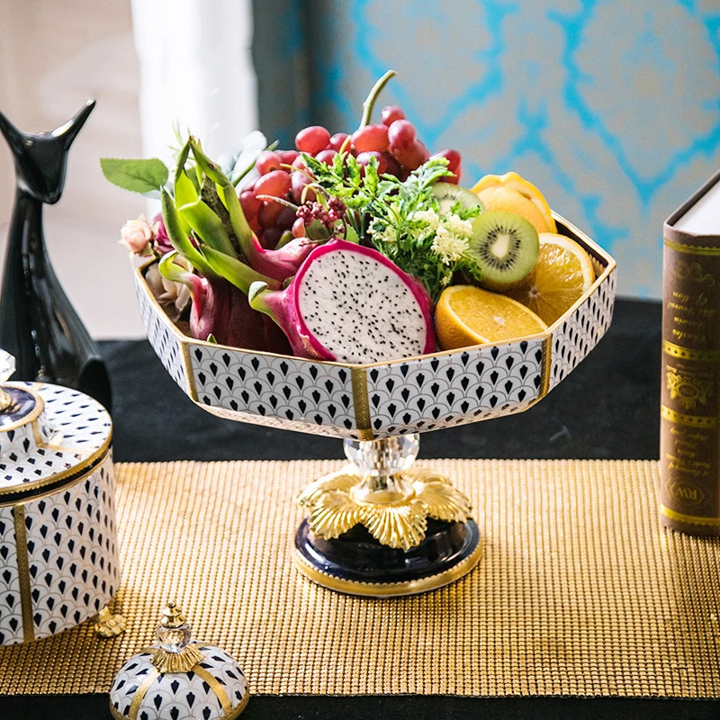 

Luxury Checkered Speckled Texture Procelain Phnom Penh Fruit Plate Home Living Room Coffee Table Ceramic Brass Bowl Ornaments