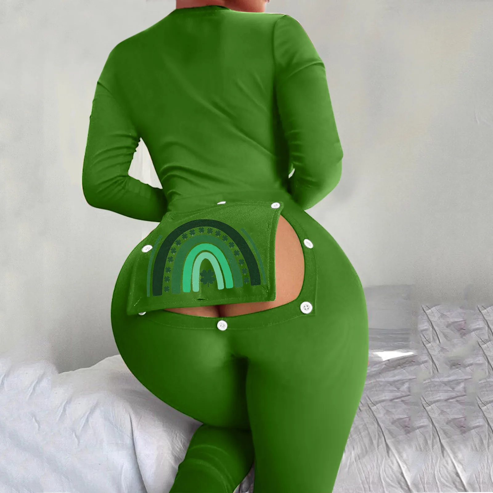 

St. Patrick's Day Sexy Women Cutout Functional Buttoned Flap Adults Pajamas Button Design Plunge Lounge Jumpsuit Long Nighties