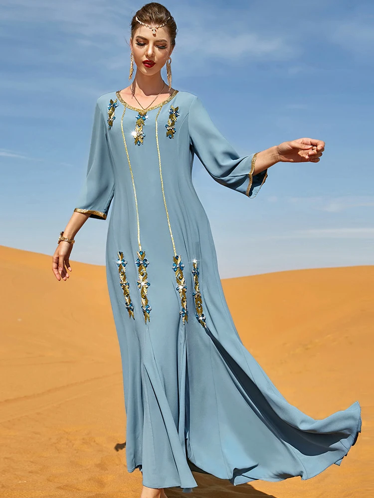 

Gergous Moroccan Dress Handsewn Diamonds Party Evening Wedding Kaftan Dubai Saudi Flounce Robe Muslim Gown Ramadan Eid Islam