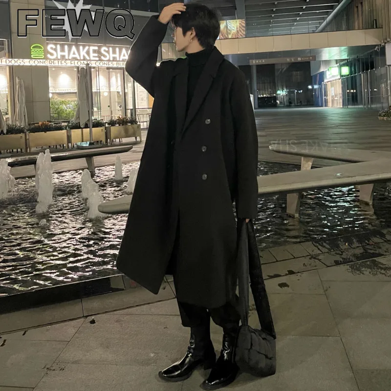 

FEWQ 2022 Winter New Casual Men's Woolen Long Coat Fashion Couple Loose Jackets Turn-down Collar Male solid color Outwear 24B263