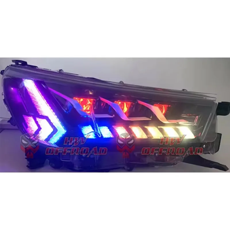 Фото Обновленные RGB LED фары DRL для Toyota Hilux Revo ROCCO 2021-2025: Цветные передние фары, премиум-модификация №3