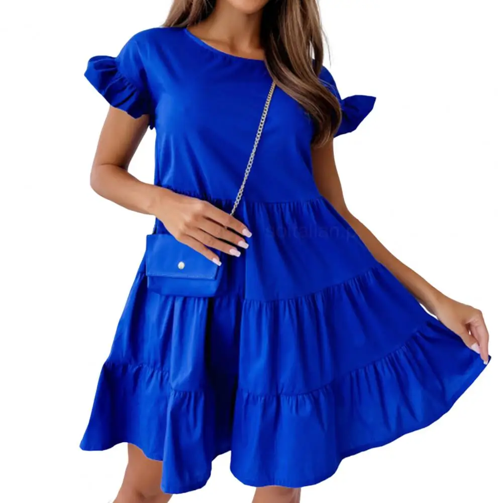 

Party Dress Flare Short Sleeve Mini Dress Stitching Flowy Hem Holiday Dress