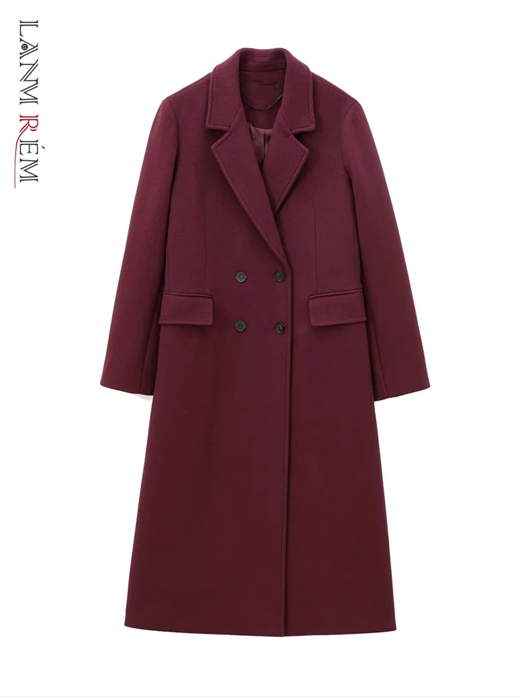 LANMREM 2025 модное красное шерстяное длинное пальто для женщин с зубчатым воротником