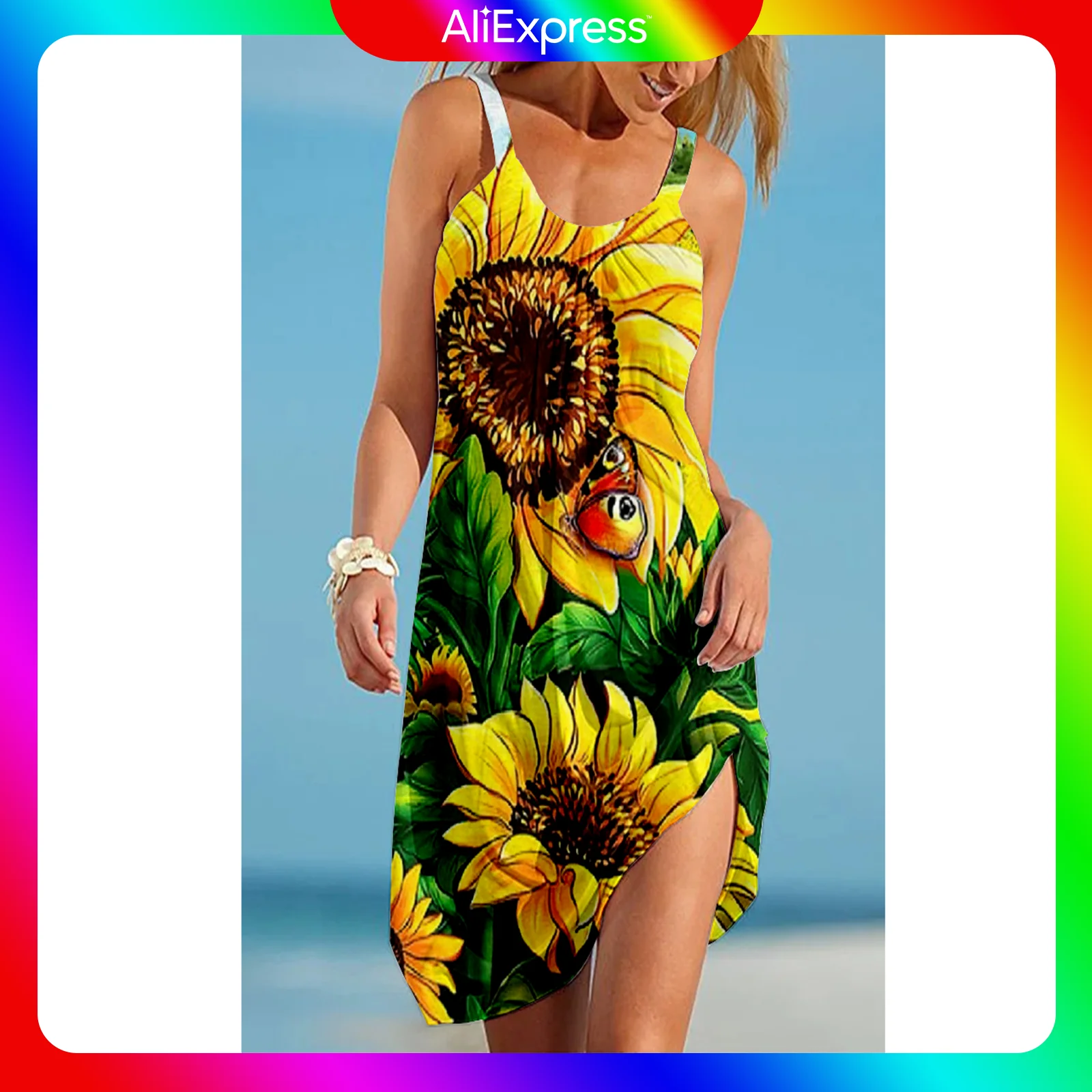 

2021 Summer Sexy Dress Sunflower Beach Vacation Party 3D Dress Women Sundress Streetwear Print Female Loose Condole Belt Round