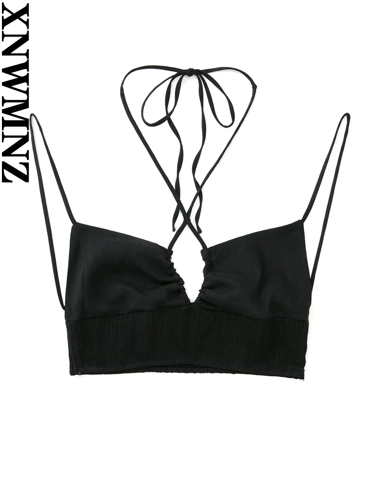 

XNWMNZ женский черный Модный Эластичный льняной комбинированный укороченный топ женский с V-образным вырезом тонкие бретельки с открытой спин...