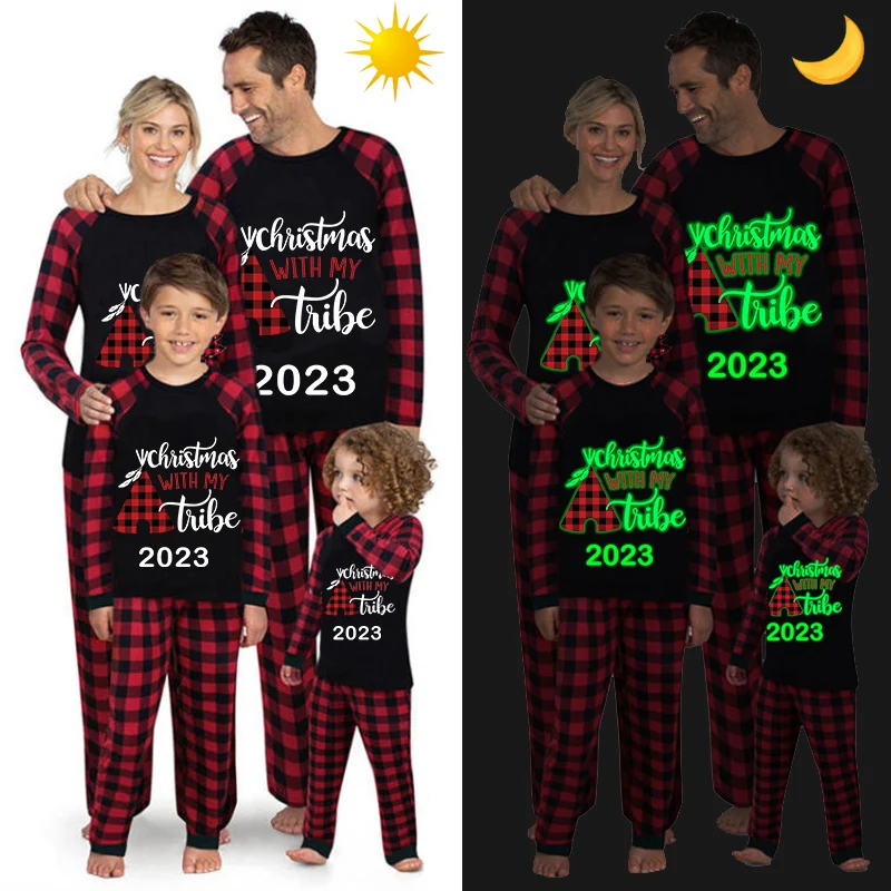 

2023 рождественские сочетающиеся Семейные пижамы, светящиеся рождественские с моей трубкой, набор красных пижам в стиле плед