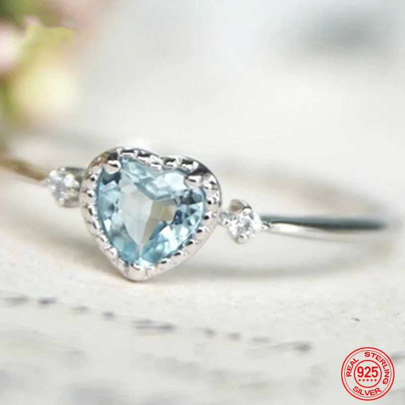 

925 Sterling Silver Charm Heart Shaped Aquamarine Ring For Women Fashion Engagement Jewelry Party Gift