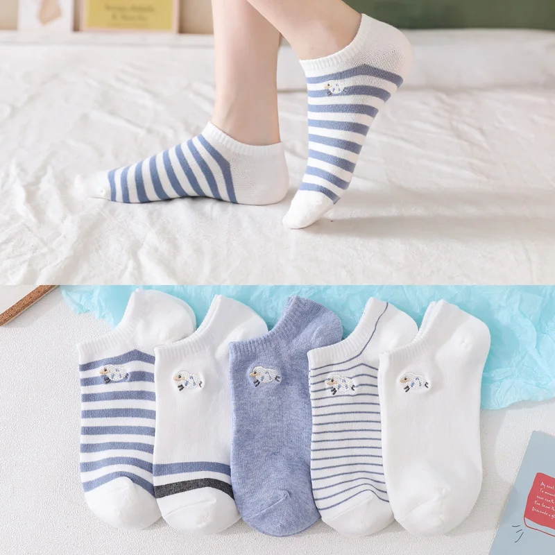 

5 Pairs/Pack Kawaii Embroidered Ankle Socks Women Expression Sheep Funny Cotton EU Size 35-39 Striped Socks Women
