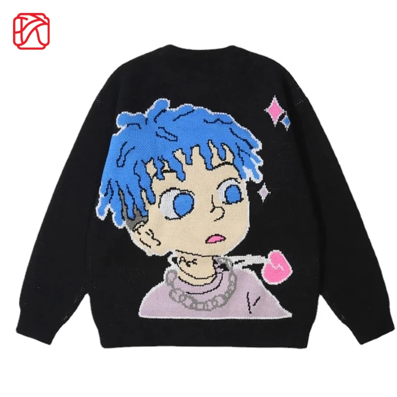 

Men Sweaters Cartoon Knitted Oversize Sweater Hip Hop Blue Hair Boy Pattern Women Pullovers Sweater Streetwear Unisex Loose Tops
