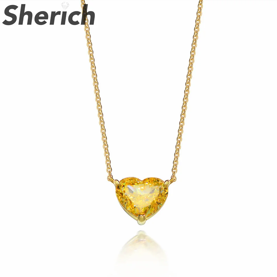 Sherich Gold 10ct Heart Shaped High Carbon Diamond 100% 925 Sterling Silver Romantic Sparkle Pendant Necklace Women's Jewelry