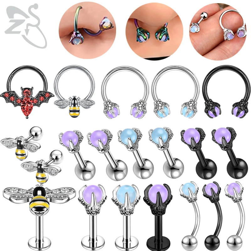 ZS 4PCS/LOT 16G Бат Би Дракон Кольцо для ноздрей для женщин из нержавеющей стали Студии губы Twist Stud Earring Cartilage Jewelry on.