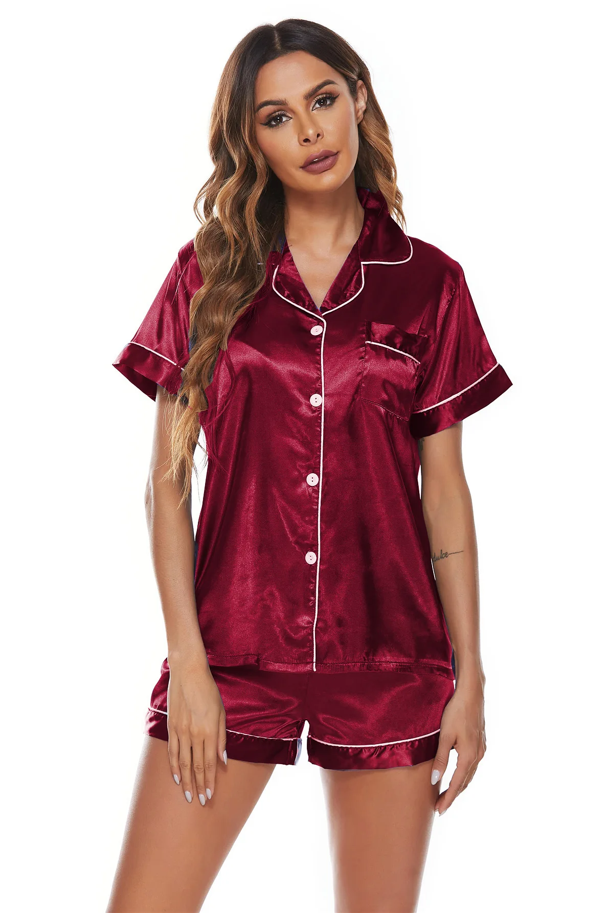 Womens Pajamas Sets Satin Silk Pyjamas Famale Pijamas Pocket 2 Piece PJ Set Loungewear Short Sleeve Shorts Sleepwear Nightwear
