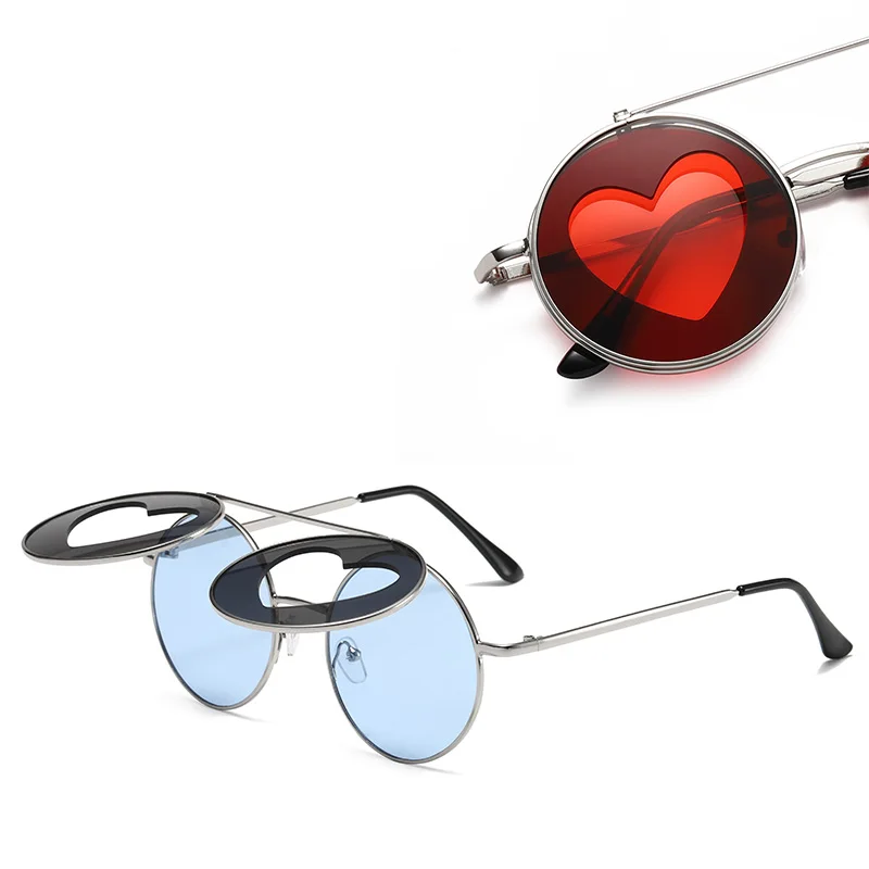 

Vintage Unique Heart Shape Mirror Rimless Flip Cover Sunglasses Metal Frame Women Clear Ocean Lens Eyewear Men Trending Shades