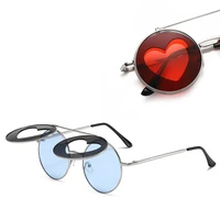 vintage unique heart shape mirror rimless flip cover sunglasses metal frame women clear ocean lens eyewear men trending shades