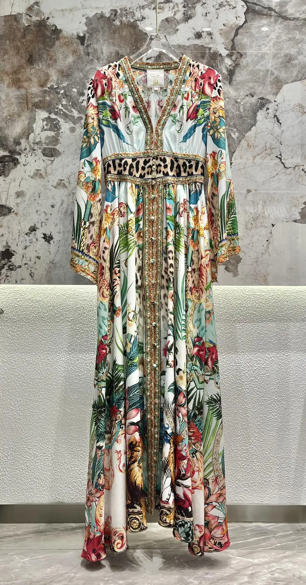 Женское облегающее платье макси из 100% шелка с V-образным вырезом и бисером