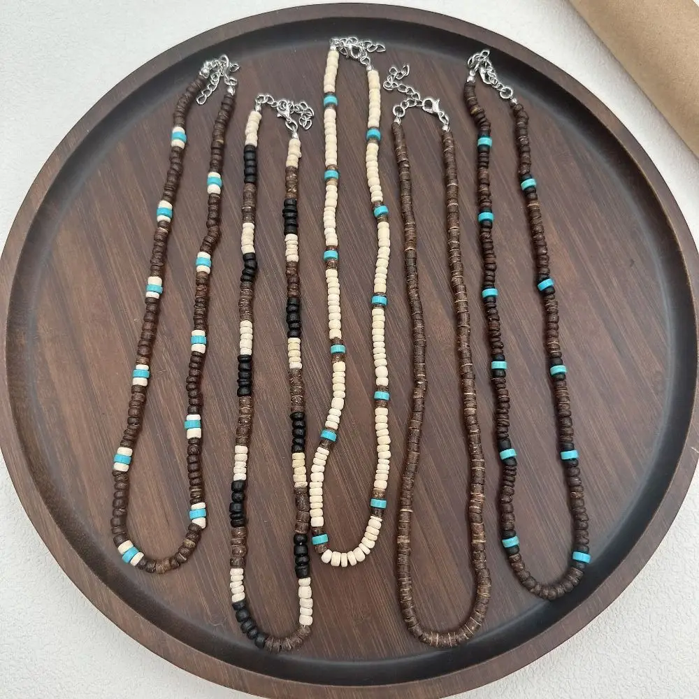 

Boho Ethnic Coconut Shell Turquoises Beaded Necklace Men Jewelry Fashion Minimalist Wooden Choker Necklace Party Gifts